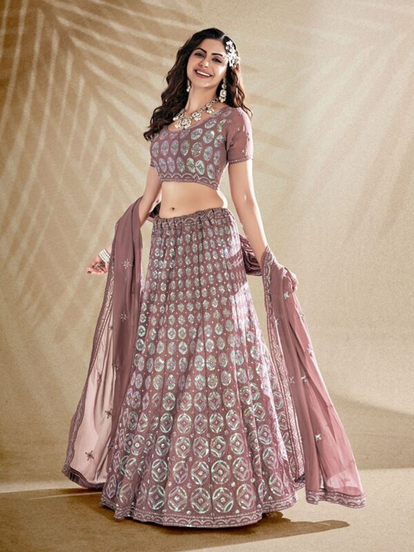 BridLavender Sequin Embroidered Semi-Stitched Lehenga with Blouse and Dupatta (Set of 3al lehanga