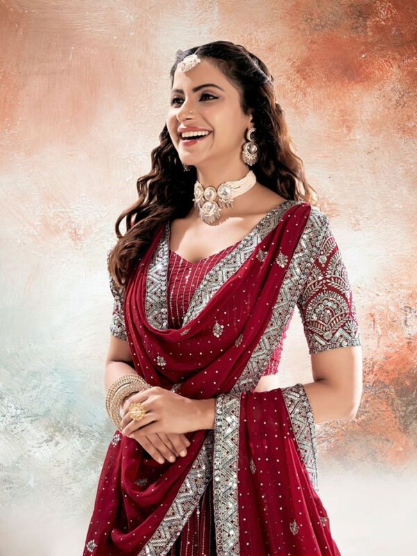 Wine Red Heavy Sequin Embroidered Velvet Semi-Stitched Lehenga with Blouse & Dupatta (Set of 3)