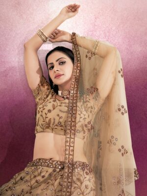 Golden Beige Embroidered Net Semi-Stitched Lehenga with Blouse & Dupatta (Set of 3)