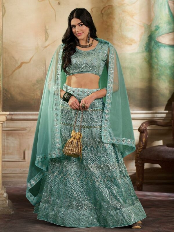 Women Turquoise Embroidered Semi Stitched Lehenga with Choli and Dupatta (Set of 3)