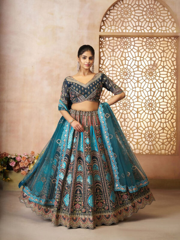 Teal Blue and Brown Embroidered Silk Semi-Stitched Lehenga with Blouse & Dupatta (Set of 3)