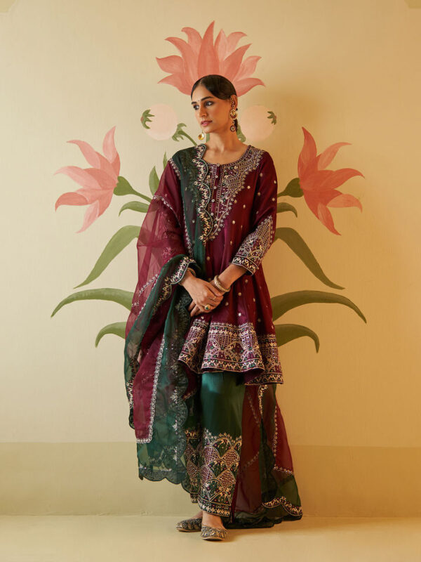 Maroon & Green Embroidered Georgette Sharara Set with Dupatta