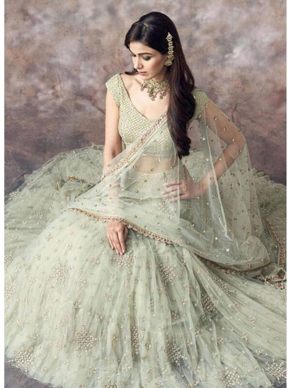 Green Soft Net Semi Stitched Lehenga with Unstitched Blouse (Set of 3)2
