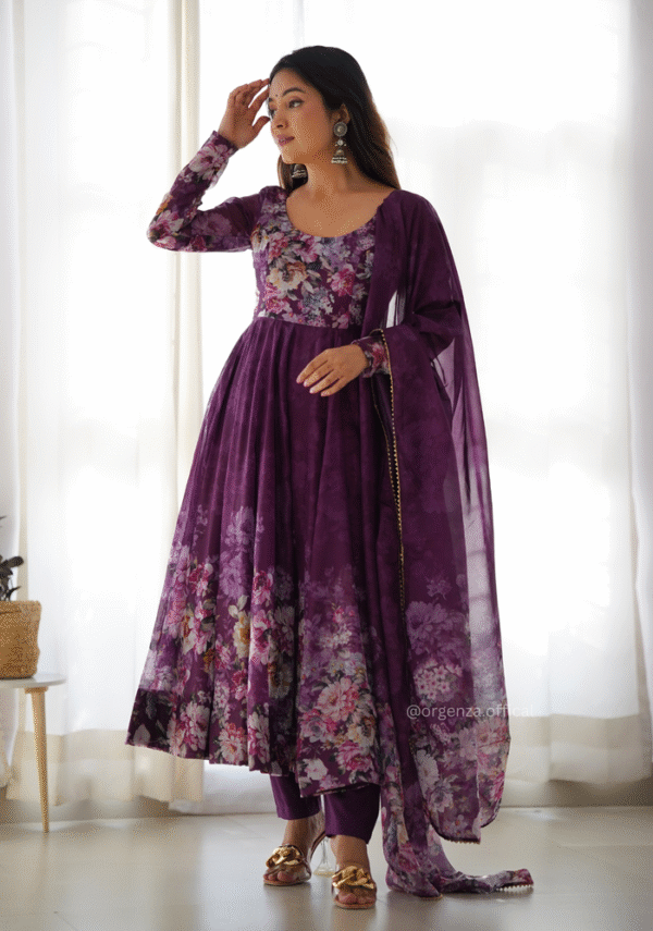 Purple Floral Organza Anarkali Set with Dupatta and Pants