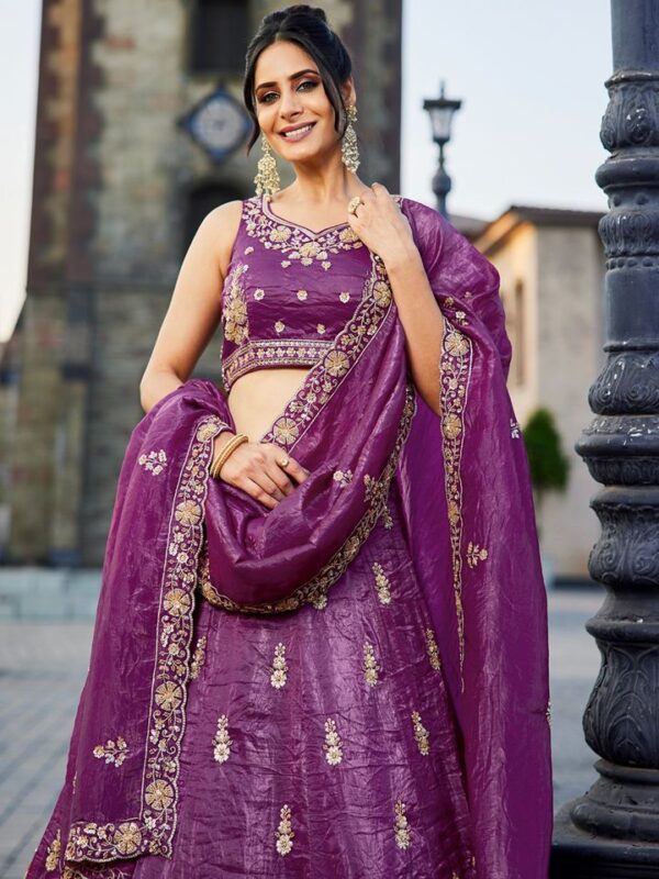 Royal Purple Zari Embroidered Semi-Stitched Lehenga with Blouse & Dupatta (Set of 3)