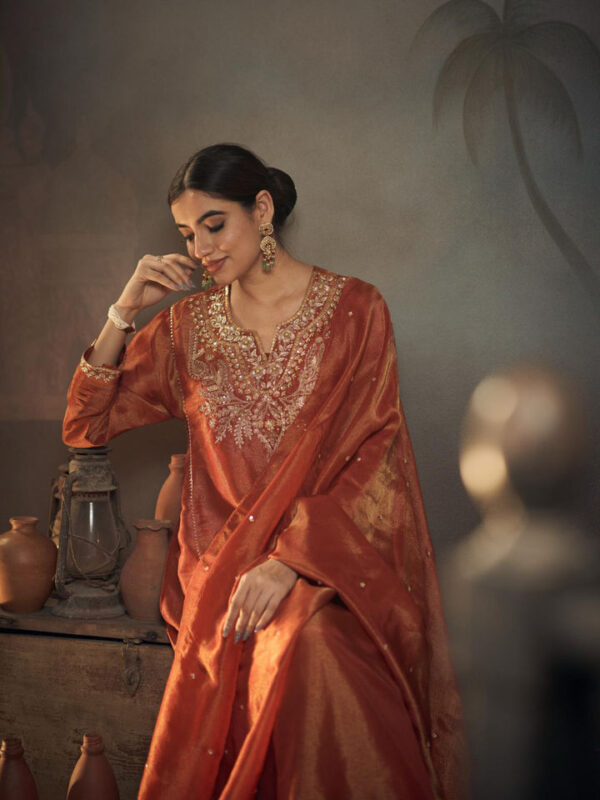 Rust Orange Embroidered Silk Suit Set with Dupatta