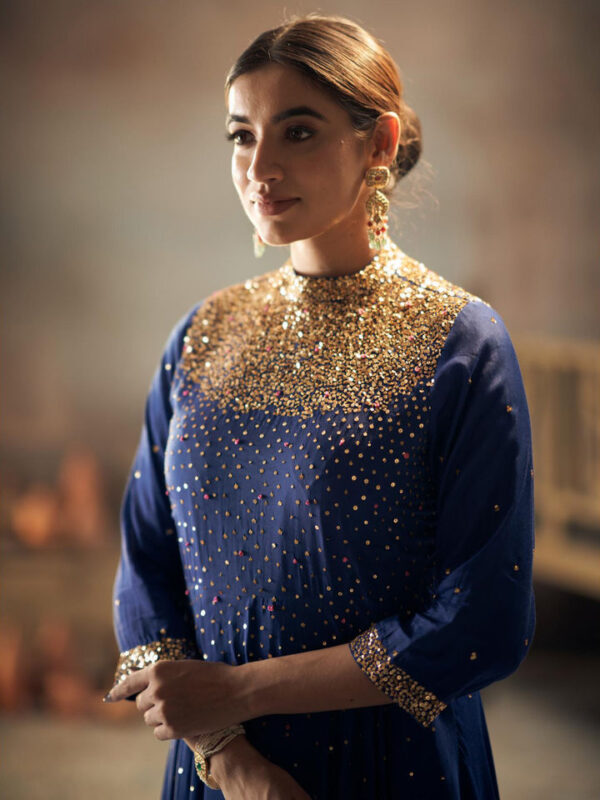Royal Blue Sequined Silk Anarkali Suit Set