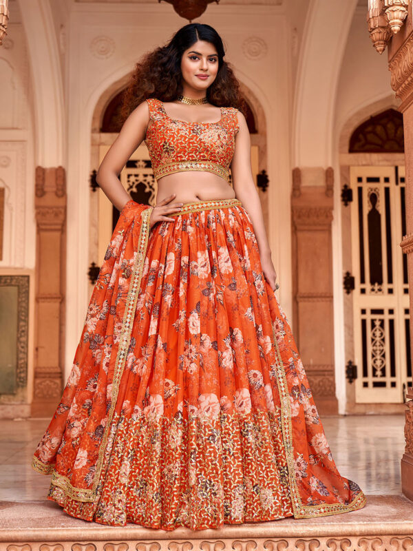 Orange Floral Embroidered Semi-Stitched Lehenga with Blouse and Dupatta (Set of 3)