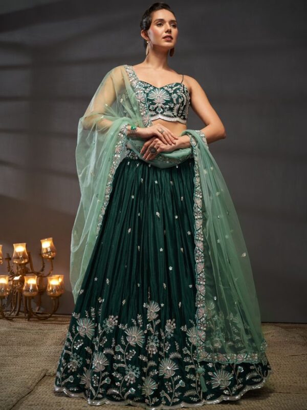 Green Sequins Embroidery Semi-Stitched Lehenga-Choli with Dupatta and Belt (Set of 4)
