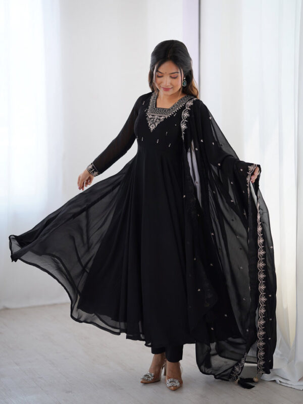 Black Georgette Embroidered Anarkali Set with Dupatta and Pants
