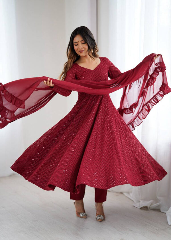 Maroon Sequined Georgette Anarkali Set with Ruffled Dupatta & Pants