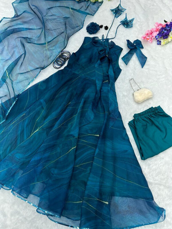 Teal Blue Organza Partywear Gown Set with Dupatta and Accessories