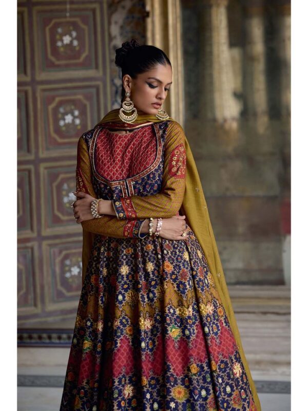 Multicolor Banarasi Silk Anarkali Suit with Mustard Dupatta