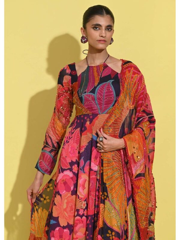 Multicolor Abstract Floral Georgette Anarkali Set with Dupatta
