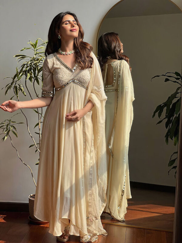 Beige Mirror Work Georgette Anarkali Set with Dupatta