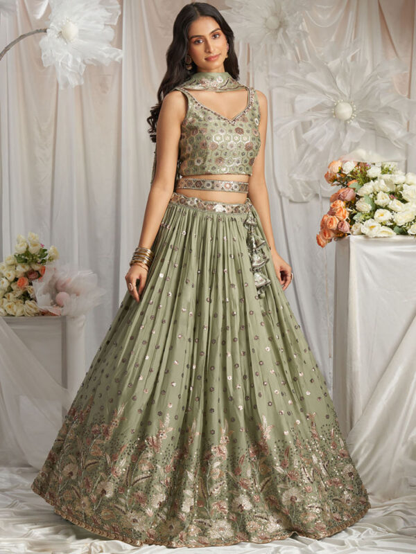 Olive Green Embroidered Georgette Lehenga with Choli and Dupatta (Set of 3)