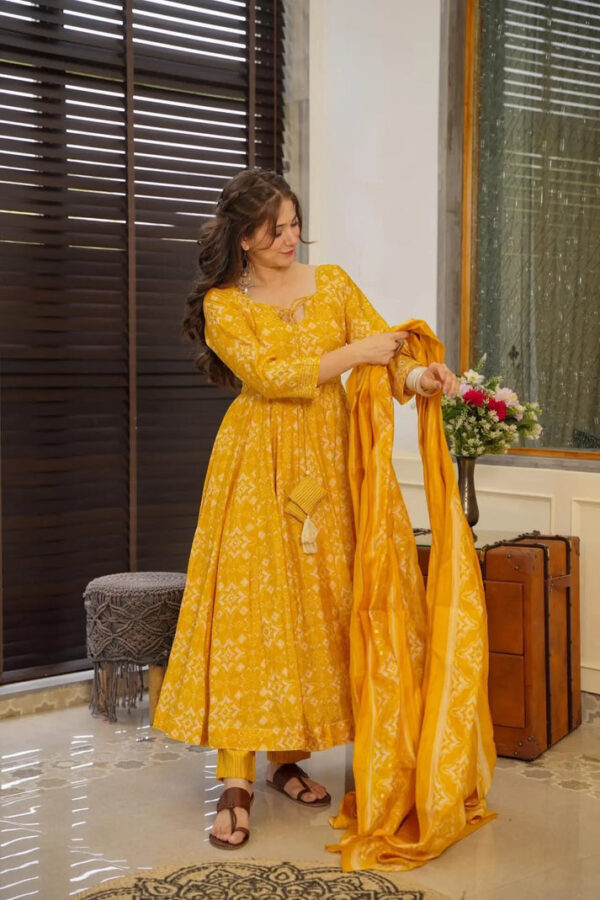Mustard Yellow Printed Cotton Anarkali Kurta Set with Dupatta